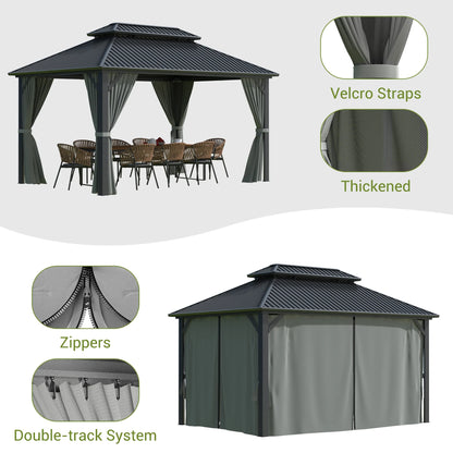 MUCHANT 10'x12' Hardtop Gazebo with Aluminum Frame, Permanent Outdoor Pavilion Metal Gazebo with Galvanized Steel Double Roof & Mosquito Netting and Curtains for Patios, Gardens, Lawns, Gray