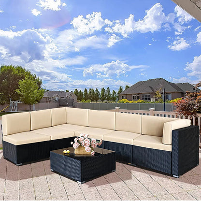 7 Piece Rattan Sectional Sofa Set, Outdoor Conversation Set, All-Weather Wicker Sectional Seating Group with Cushions & Coffee Table, Morden Furniture Couch Set for Patio Deck Garden Pool, K2774