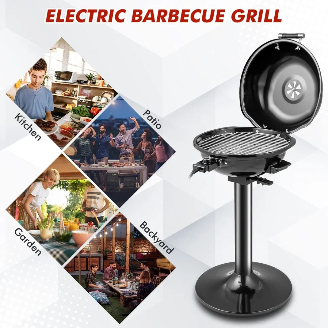ZZJP 1600W Portable Electric Grill Outdoor BBQ Grill for 15-Serving, Electric Barbecue Grill for Indoor & Outdoor Use, Portable Stand BBQ Grill for Patio Balcony Kitchen Garden (Black)