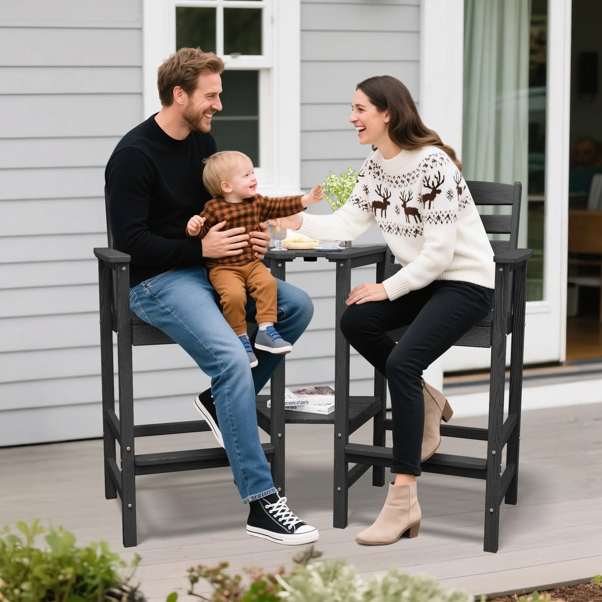 JUSTLET Tall Adirondack Chair Set of 2 with Double Connecting Tray, HDPE Weather Resistant Patio Bar Stools, Grey