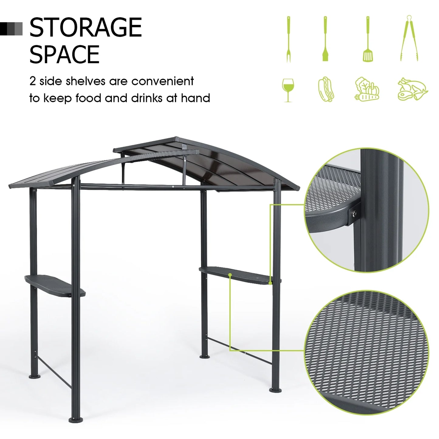 Aoodor 8 x 5 ft. Hardtop BBQ Grill Gazebo Shelter with Side Shelves for Outdoor Patio Cooking and Barbecue