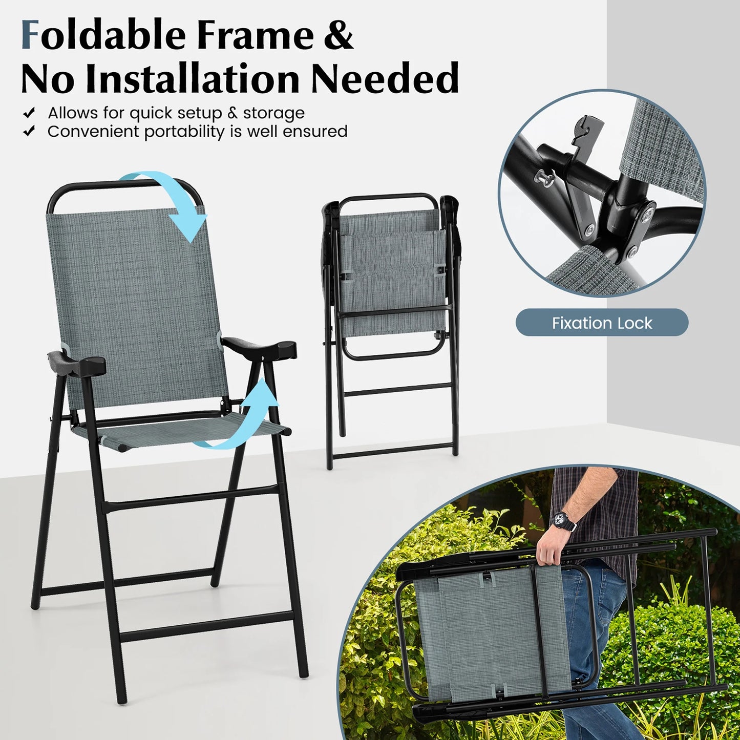 Gymax 4 PCS Patio Bar Chair Folding Bar Height Metal Frame w/Footrest Garden Blue
