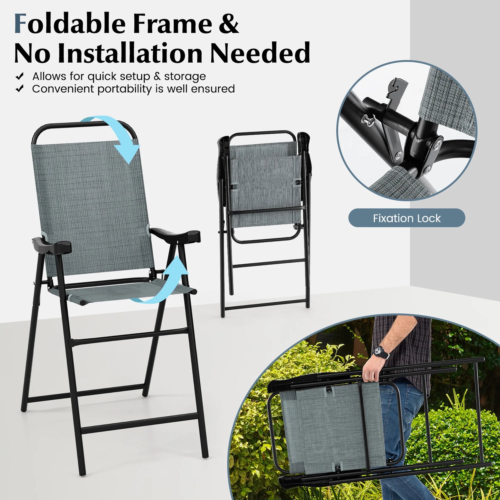 Gymax 4 PCS Patio Bar Chair Folding Bar Height Metal Frame w/Footrest Garden Blue