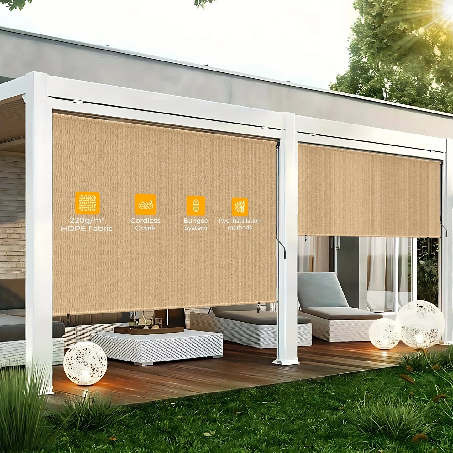 Outdoor Roller Shades - Waterproof Cordless Sun Shade for Patio, Porch & Pergola - 6'x6' & 8'x6' in Mocha/Khaki