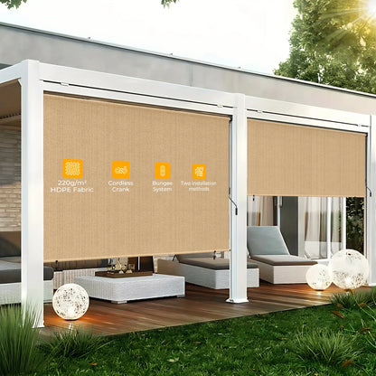 Outdoor Roller Shades - Waterproof Cordless Sun Shade for Patio, Porch & Pergola - 6'x6' & 8'x6' in Mocha/Khaki