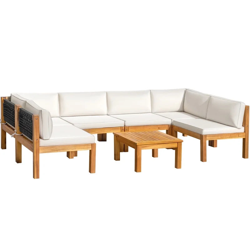 Patio prestige 7 Pieces Acacia Wood Patio Conversation Set Rope Woven Outdoor Sectional Sofa with Table and Cream Cushions