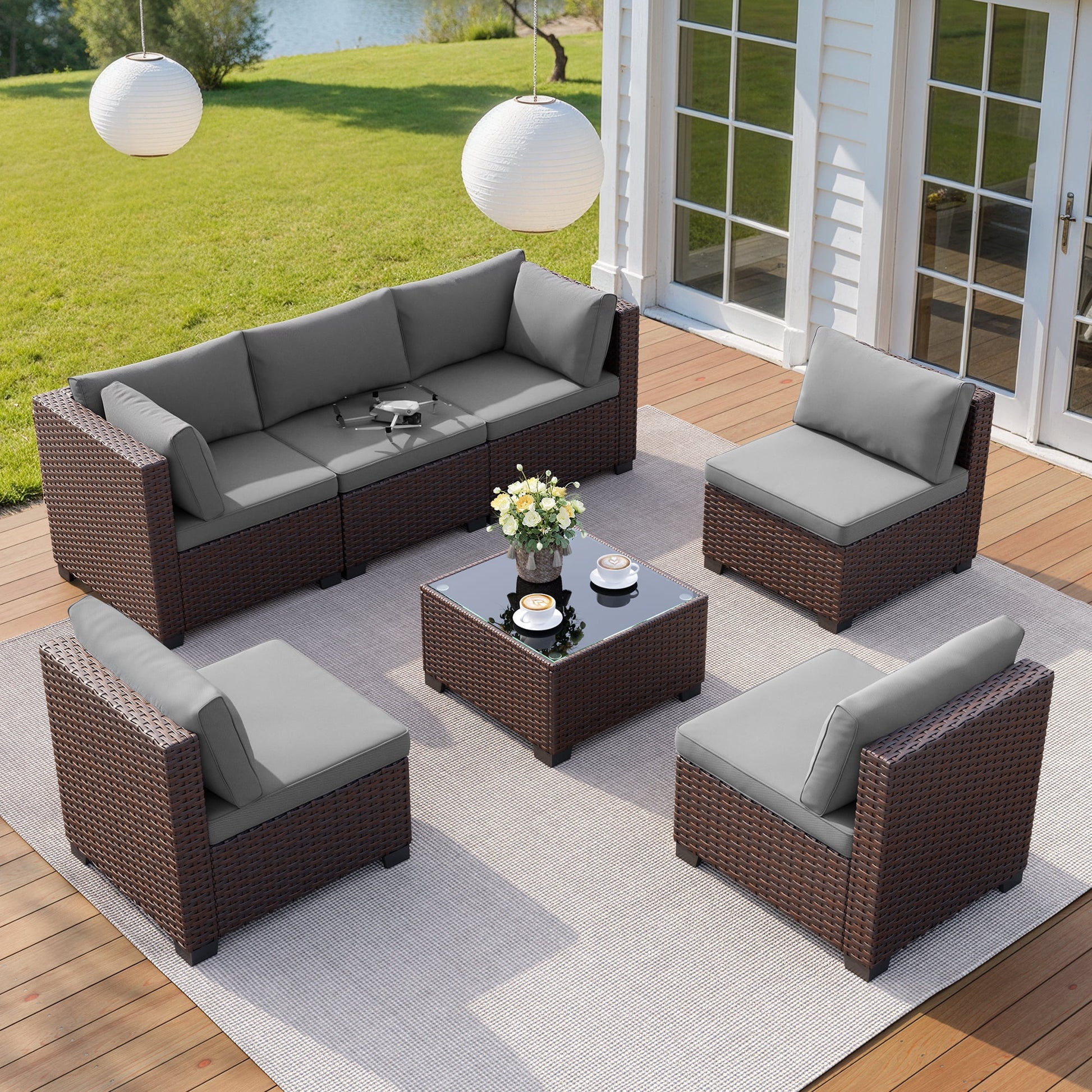 7 Piece Outdoor Patio Furniture Set, Asofer Rattan Wicker Outdoor Conversation Sectional Sofa Set, Gray
