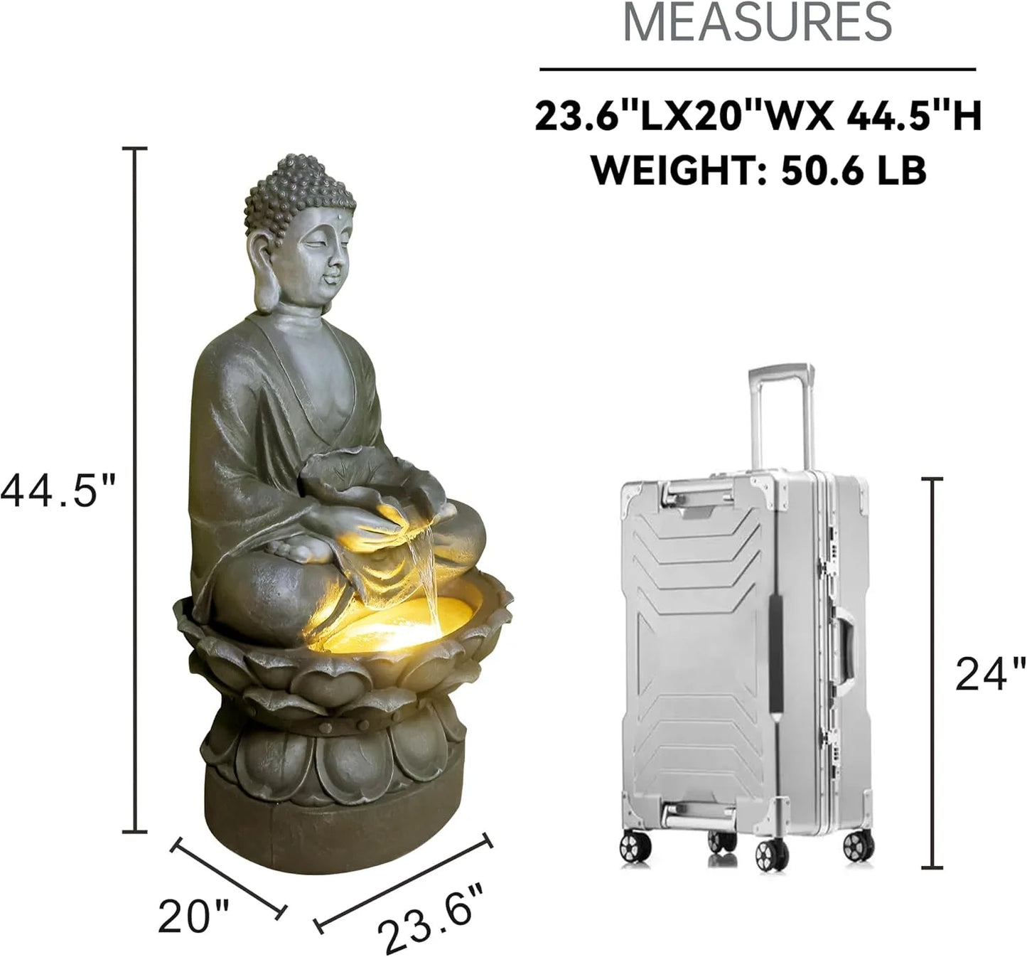 Buddha Water Fountain Outdoor Large Sitting Lotus Base Waterfall Fountains Zen Water Feature Indoor with LED Light for Garden Patio Backyard Deck Lawn Porch Balcony Home 45 inches Gold