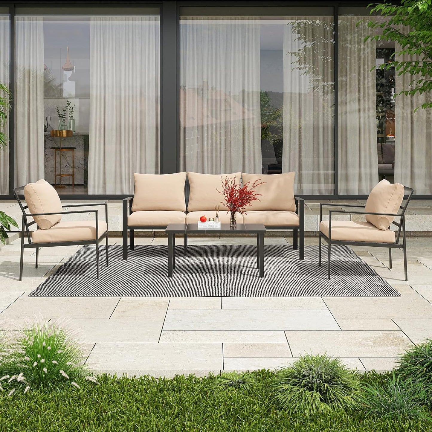 Farini Outdoor conversation sets, 4 Pieces Metal Patio Furniture Set with 2 Single Chairs, 3-Seat Sofas & Coffee Table, for Garden, Backyard, Balcony (Beige)