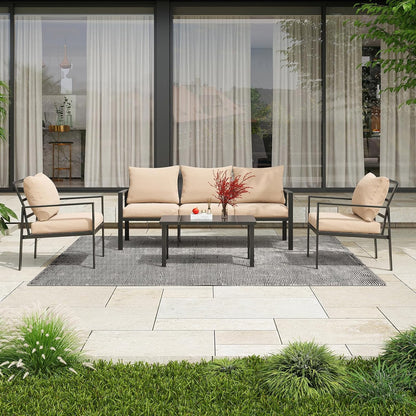 Farini Outdoor conversation sets, 4 Pieces Metal Patio Furniture Set with 2 Single Chairs, 3-Seat Sofas & Coffee Table, for Garden, Backyard, Balcony (Beige)