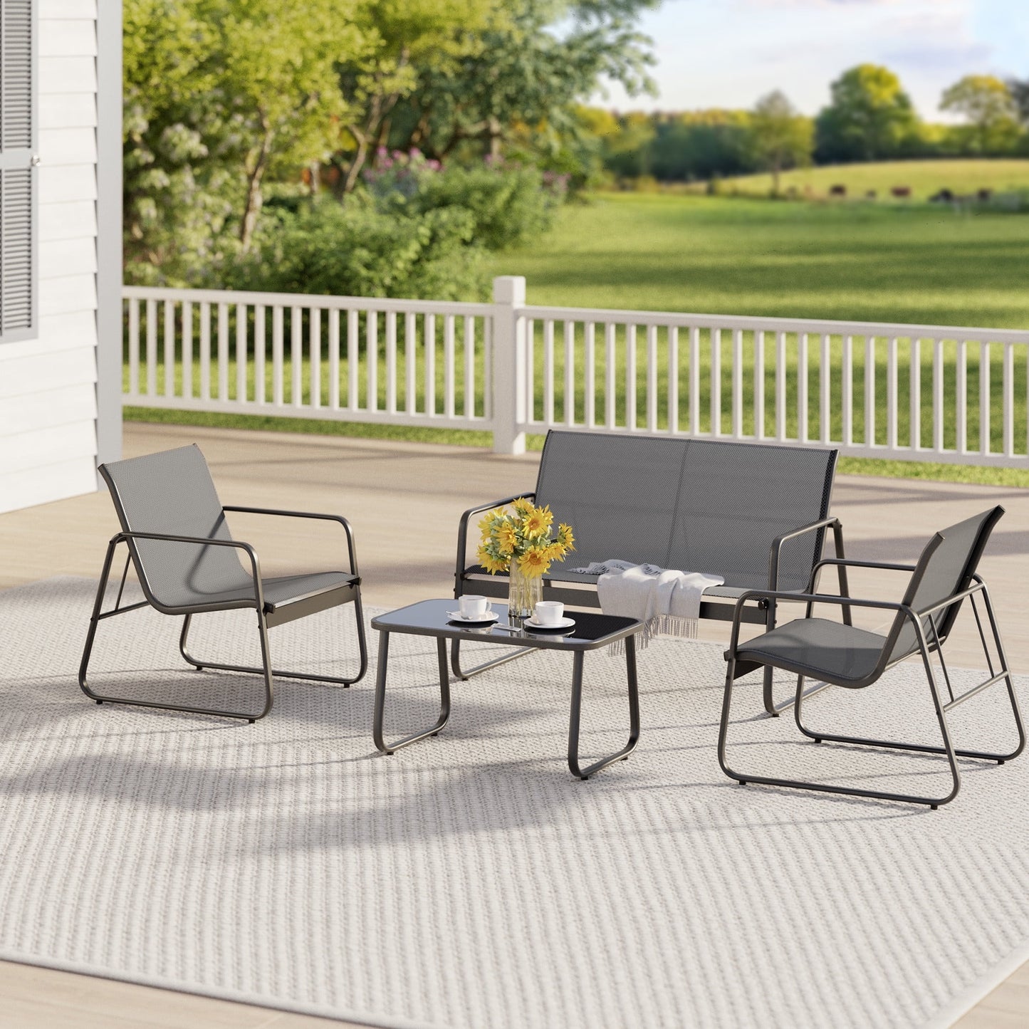 Jolifa 4 Pieces Outdoor Patio Furniture Set with 3 Chairs and 1 Metal Coffee Table for Backyard | Poolside | Porch, Gray