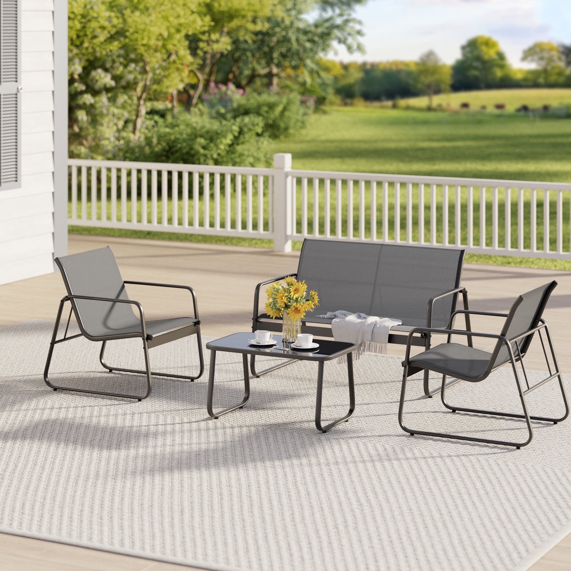 Jolifa 4 Pieces Outdoor Patio Furniture Set with 3 Chairs and 1 Metal Coffee Table for Backyard | Poolside | Porch, Gray
