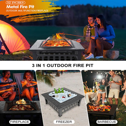 Wood Burning Fire Pits for Outside, 32" Square Iron Fire Pit Backyard Patio Garden Stove Wood Burning Fire Pit w/BBQ Net, Waterprrof Cover, Mesh Screen Lid, Wood Grate, Poker, Durable Fire Pit
