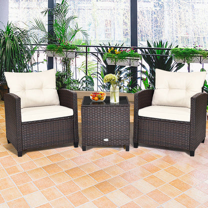 Gymax 3PCS Outdoor Patio Rattan Conversation Set Garden Yard w/Off White Cushions