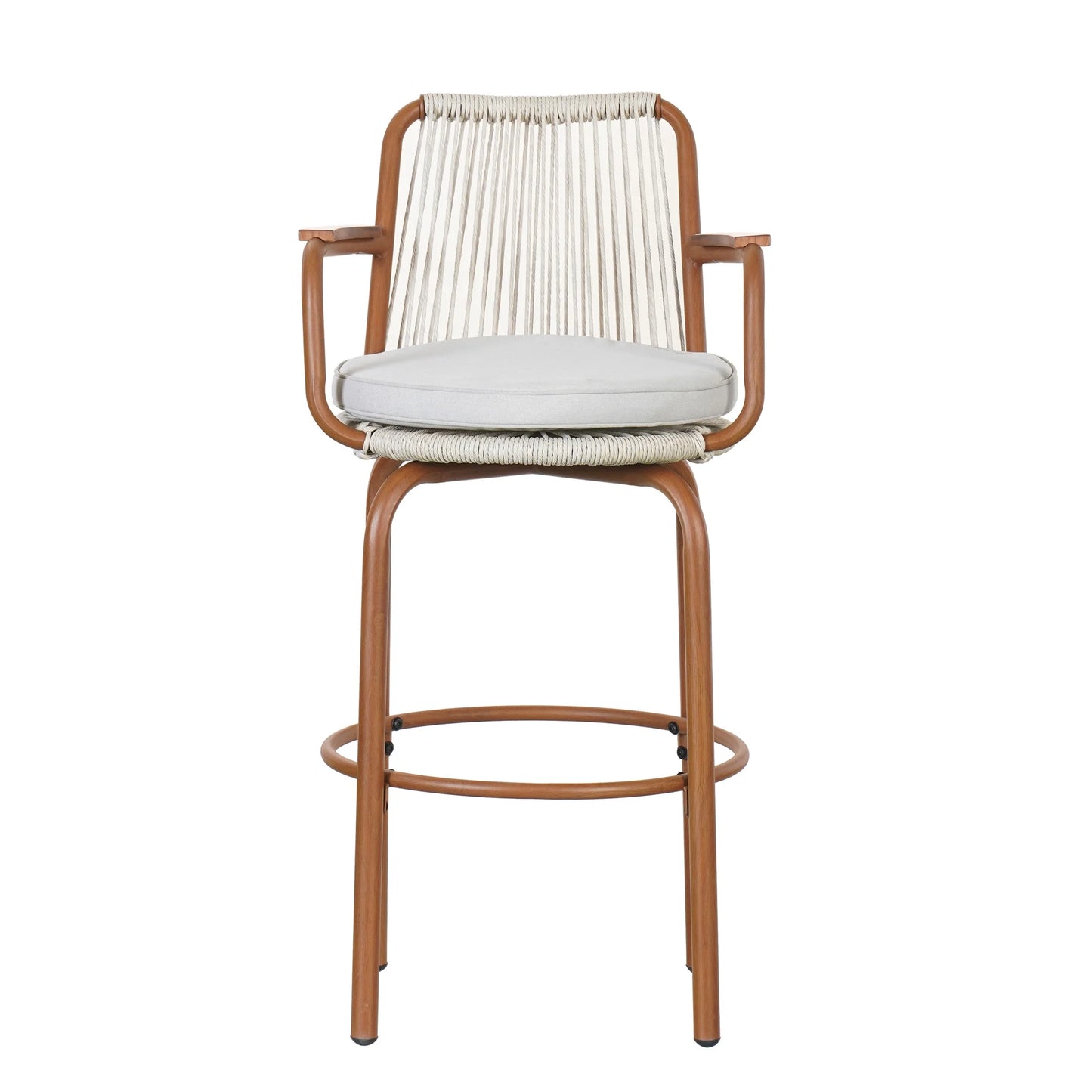 Lyric Modern 29" Outdoor Patio Bar Stools, Bar Chairs with Wood Grain Finish Frame with Hand-Woven PE Rattan Rope, Removable Cushions, Teak+Beige, Set of 2