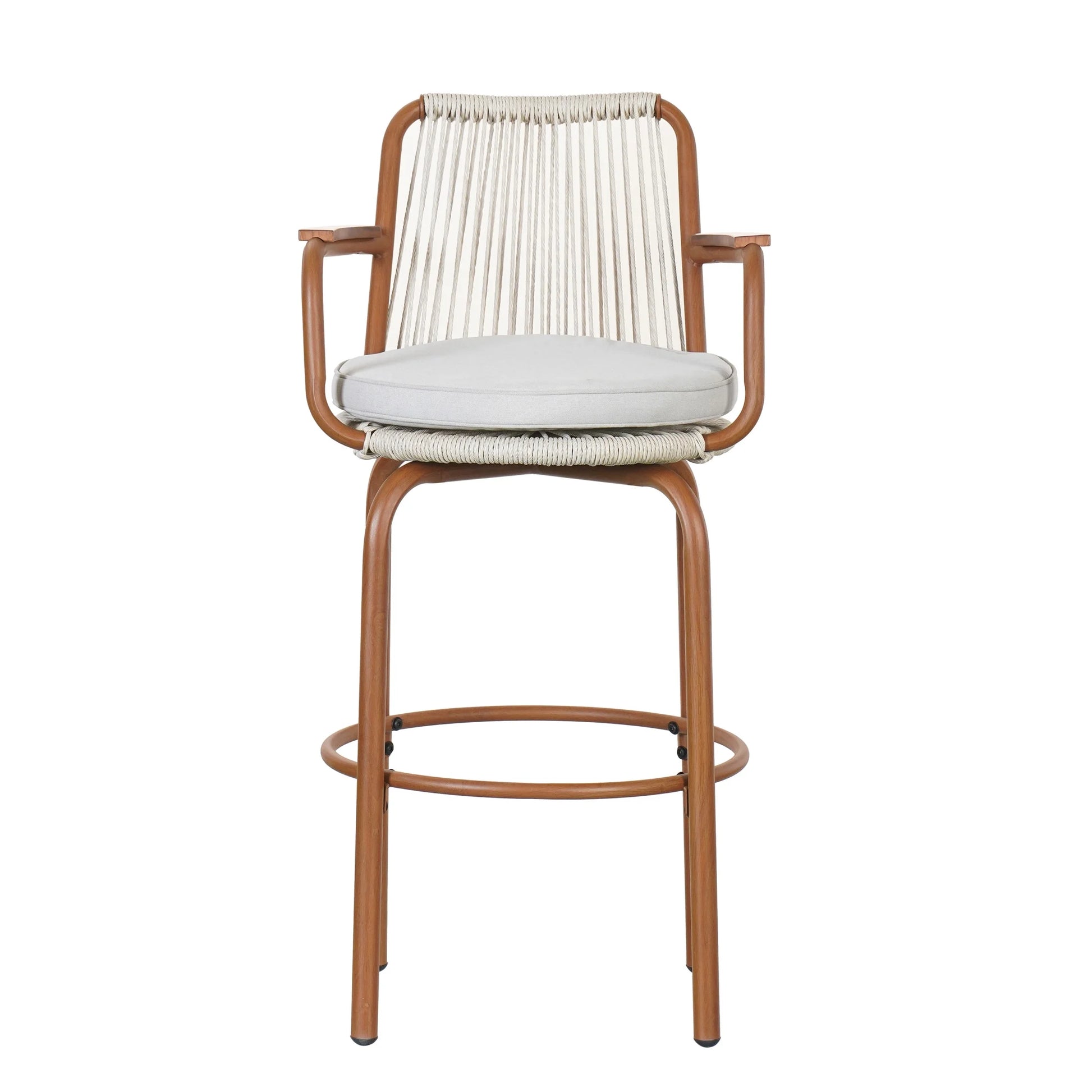 Lyric Modern 29" Outdoor Patio Bar Stools, Bar Chairs with Wood Grain Finish Frame with Hand-Woven PE Rattan Rope, Removable Cushions, Teak+Beige, Set of 2
