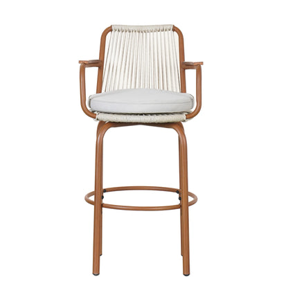 Lyric Modern 29" Outdoor Patio Bar Stools, Bar Chairs with Wood Grain Finish Frame with Hand-Woven PE Rattan Rope, Removable Cushions, Teak+Beige, Set of 2