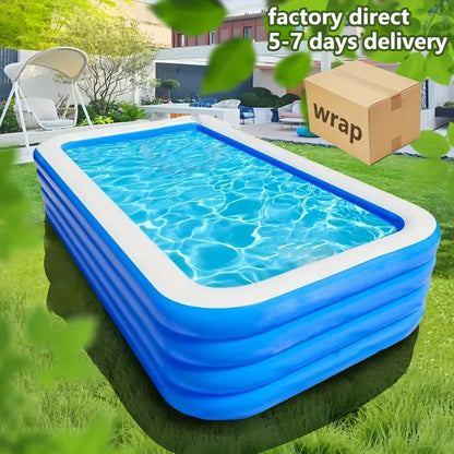 Super Large 3.1m 4-Layer Heightened & Thick Inflatable Swimming Pool - Foldable PVC Sunscreen Material, 4-Person Capacity, Blue & White Rectangular Design with Smooth Surface for Patio