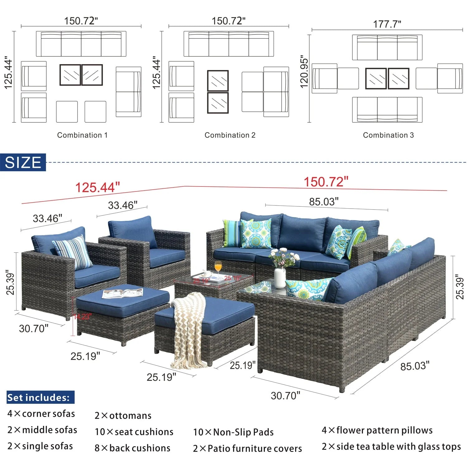 Ovios 12 Pieces Outdoor Patio Furniture Set All-Weather Patio Conversation Set Wicker Outdoor Sofa Aluminum