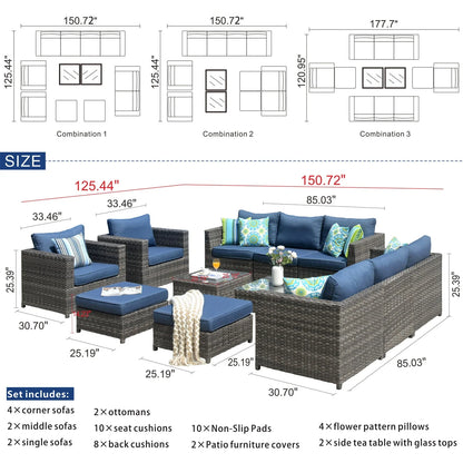 Ovios 12 Pieces Outdoor Patio Furniture Set All-Weather Patio Conversation Set Wicker Outdoor Sofa Aluminum