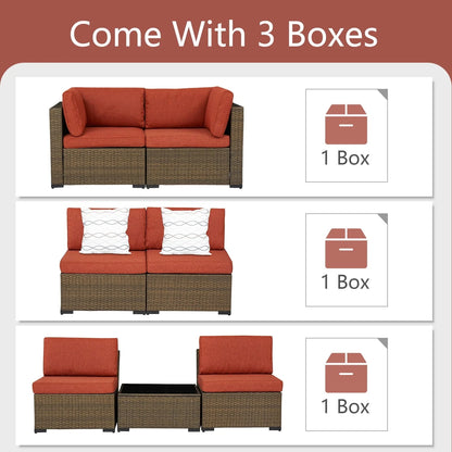 Kinbor 7pcs Outdoor Patio Furniture Sectional Pe Rattan Wicker Rattan Sofa Set with Maple Red Cushions