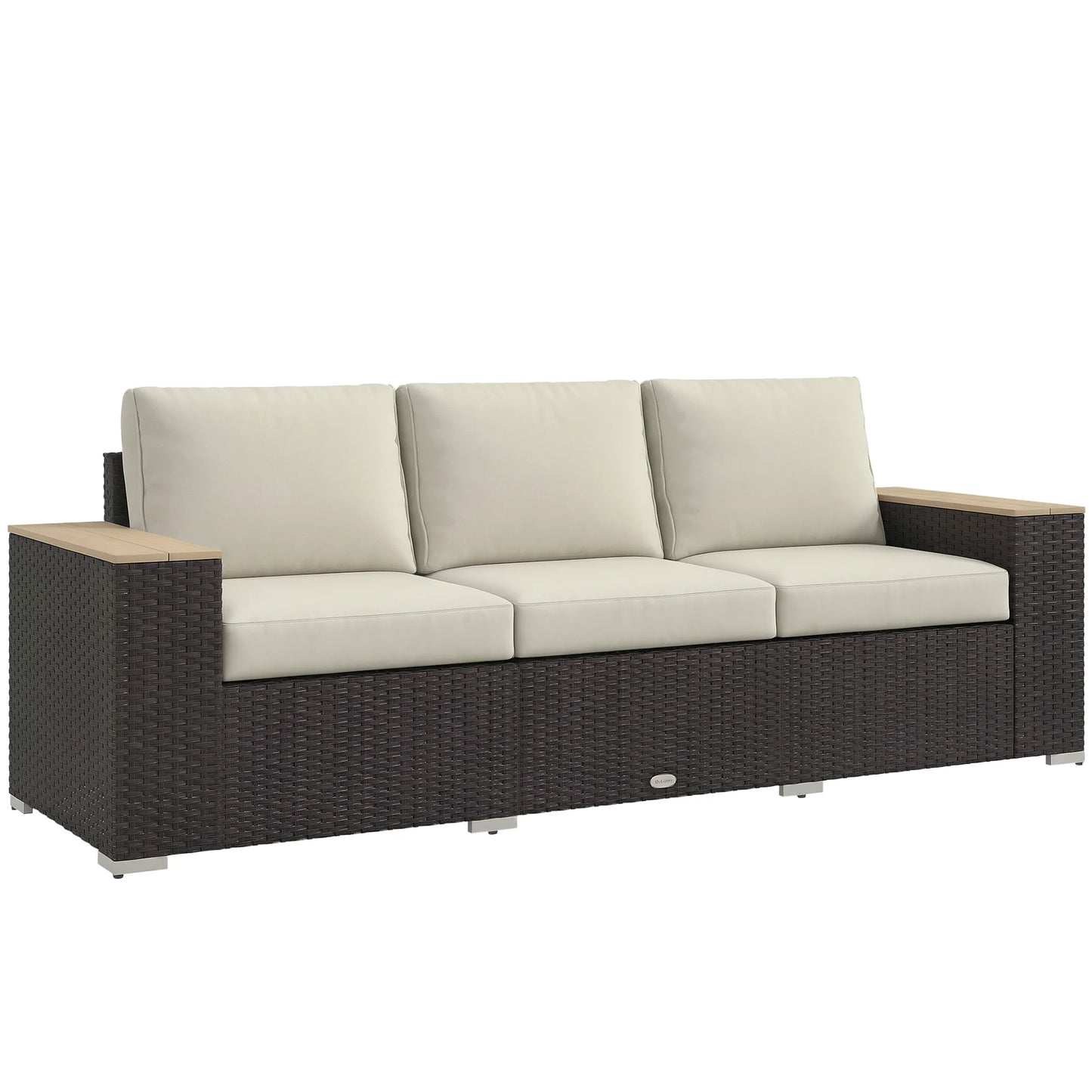 Outsunny Thick Cushioned 3-Seater Outdoor Sofa, Wood Grain Wide Armrests, Patio Couch, Beige