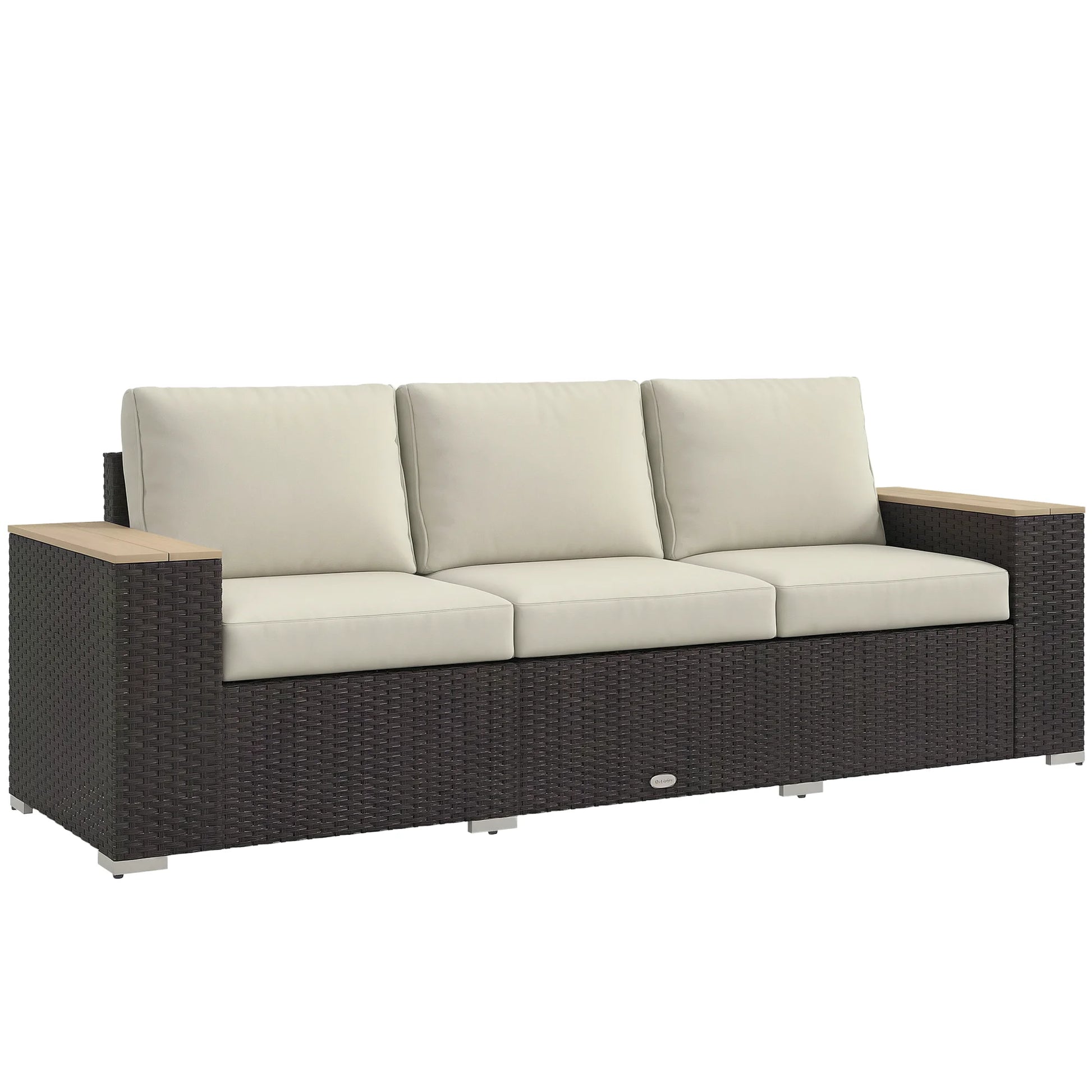 Outsunny Thick Cushioned 3-Seater Outdoor Sofa, Wood Grain Wide Armrests, Patio Couch, Beige