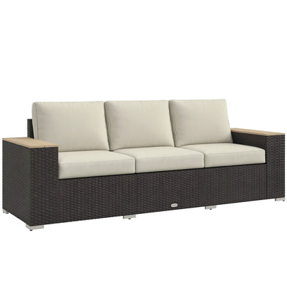 Outsunny Thick Cushioned 3-Seater Outdoor Sofa, Wood Grain Wide Armrests, Patio Couch, Beige