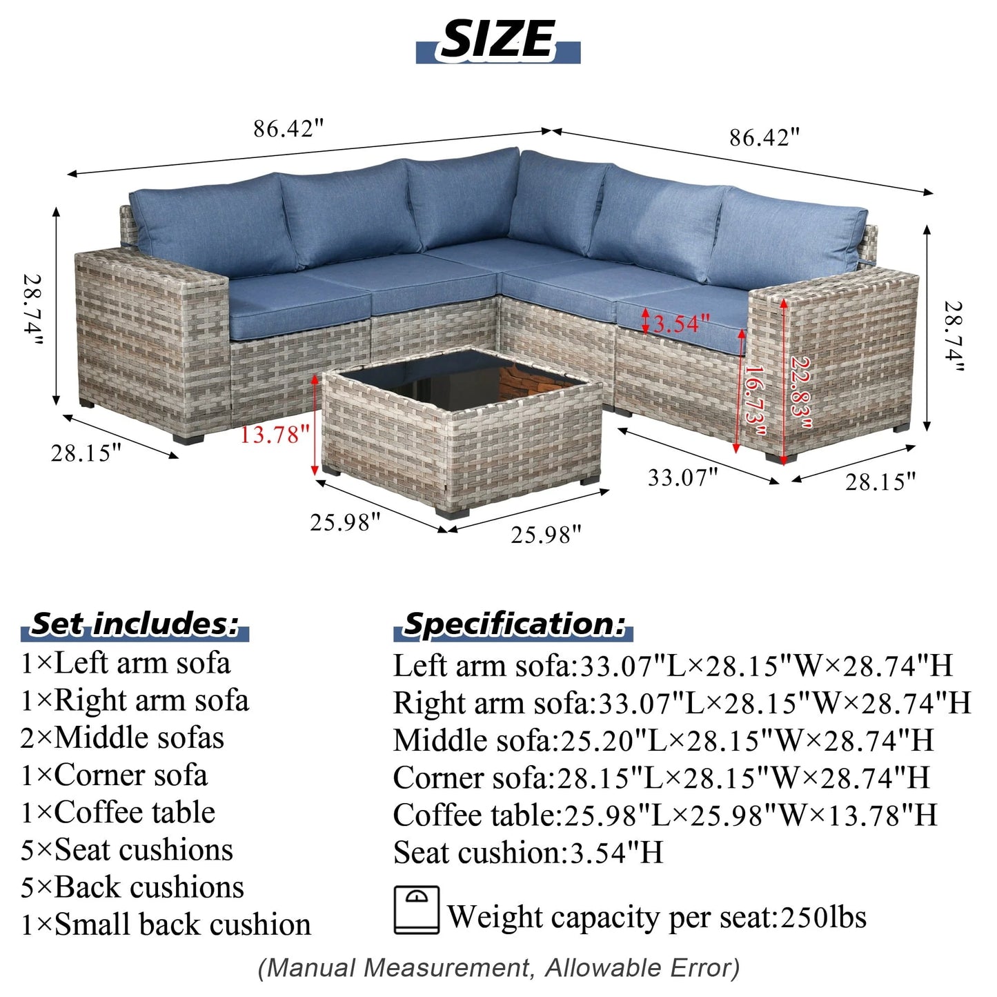 Ovios 6 Piece Outdoor Furniture All Weather Wicker Patio Conversation Sectional Sofa Set with Side Table for Garden Backyard