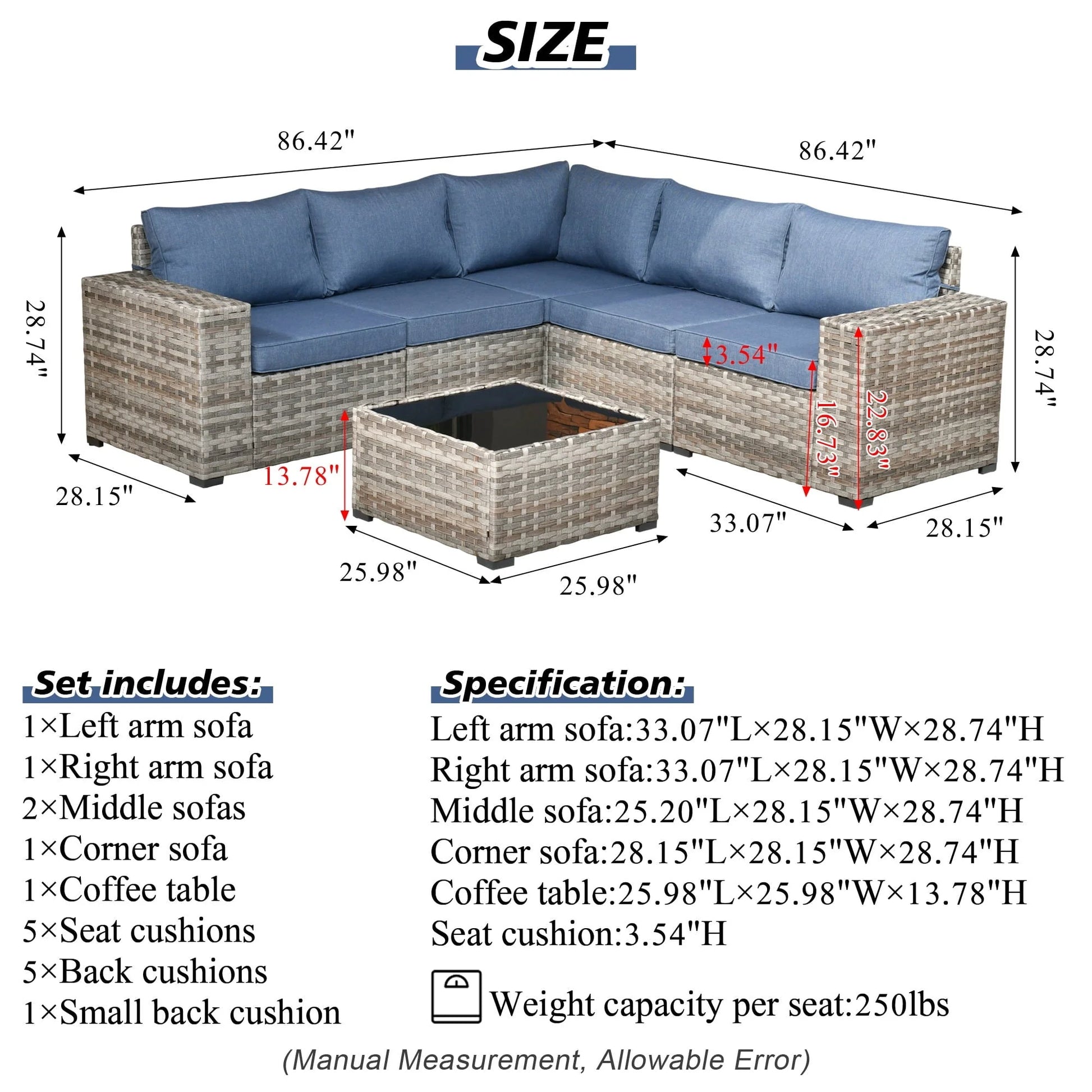 Ovios 6 Piece Outdoor Furniture All Weather Wicker Patio Conversation Sectional Sofa Set with Side Table for Garden Backyard