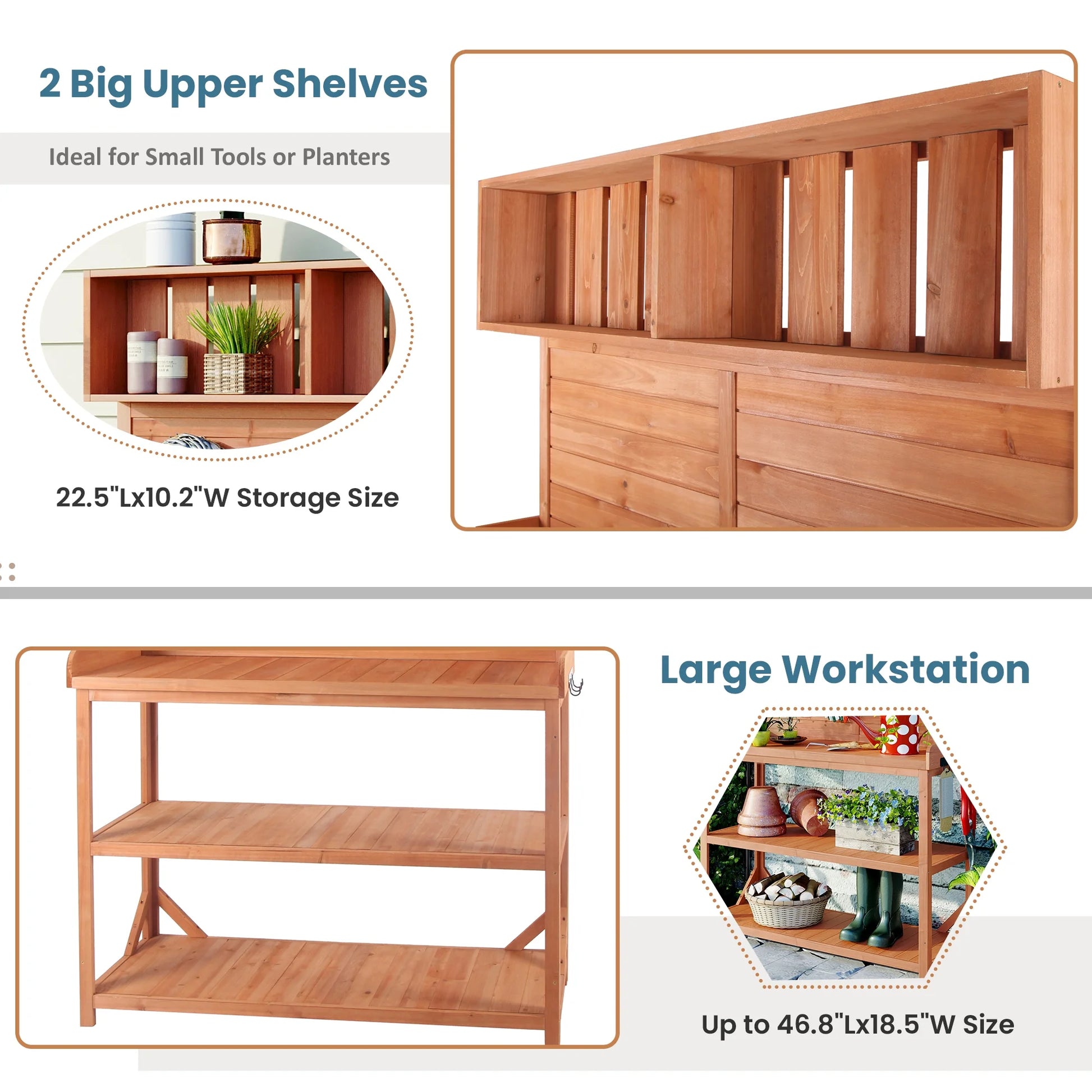 Llinc Store 65" Large Wooden Farmhouse Rustic Outdoor Potting Bench Table Patio Workstation Garden Potting Bench with 4 Storage Shelves and Side Hook Natural