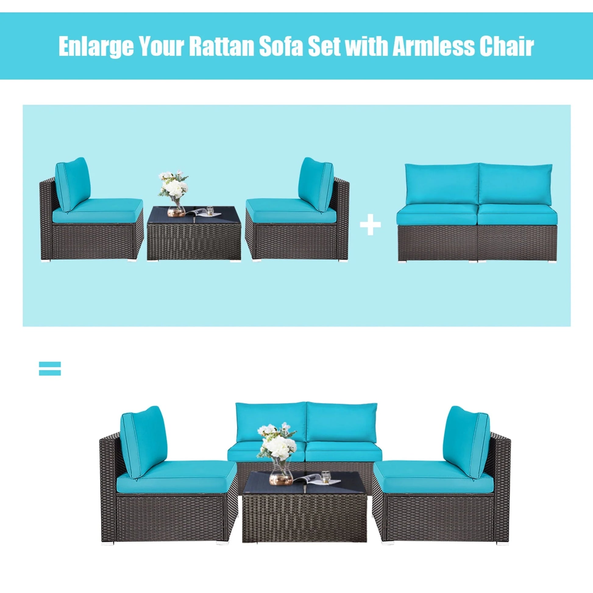 Gymax 2PCS Patio Wicker Rattan Sectional Armless Chair Sofa w/Turquoise Cushion