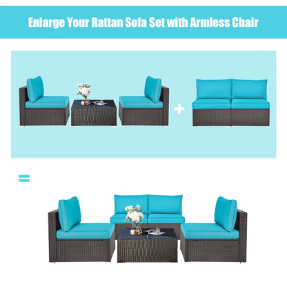 Gymax 2PCS Patio Wicker Rattan Sectional Armless Chair Sofa w/Turquoise Cushion