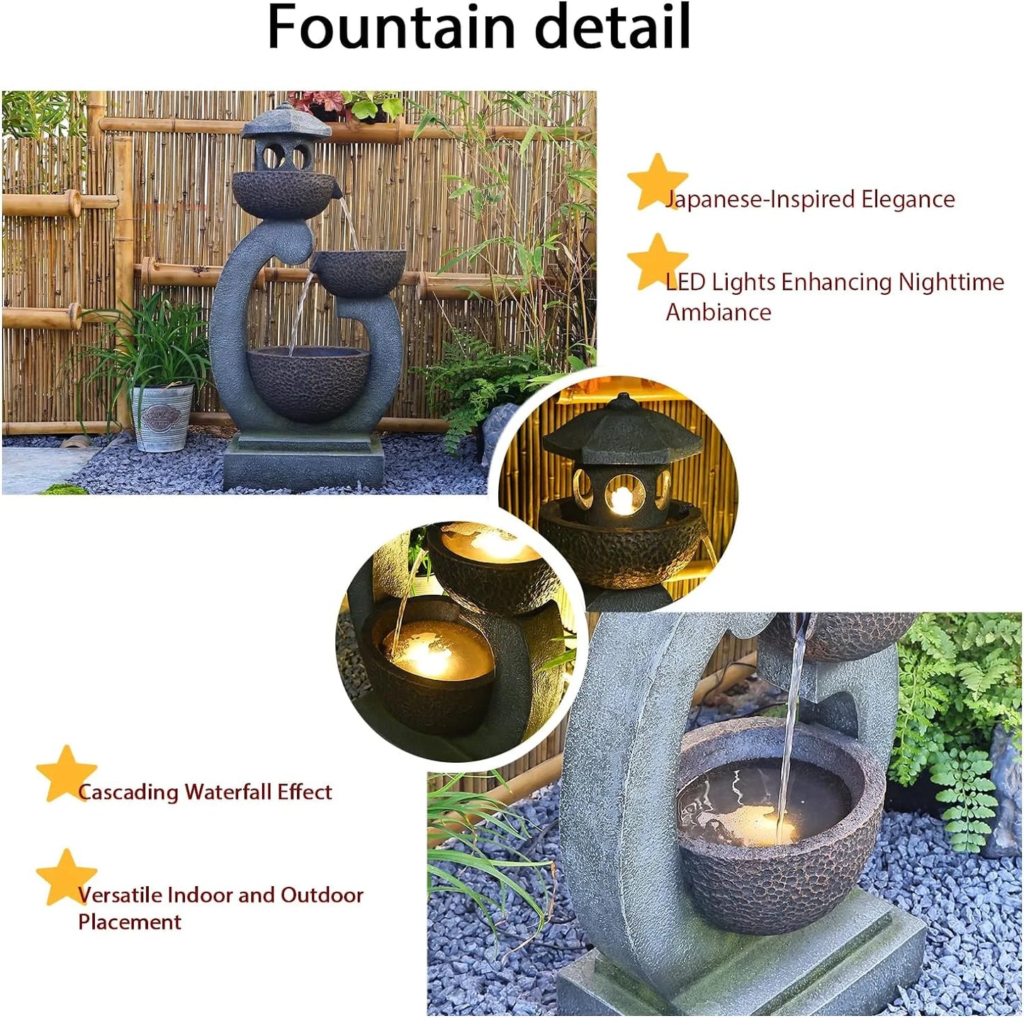 Water Fountain Tranquil Zen Pagoda Waterfalls Fountains Bowl with LED Lights for Patio Yard Porch Pool Decor