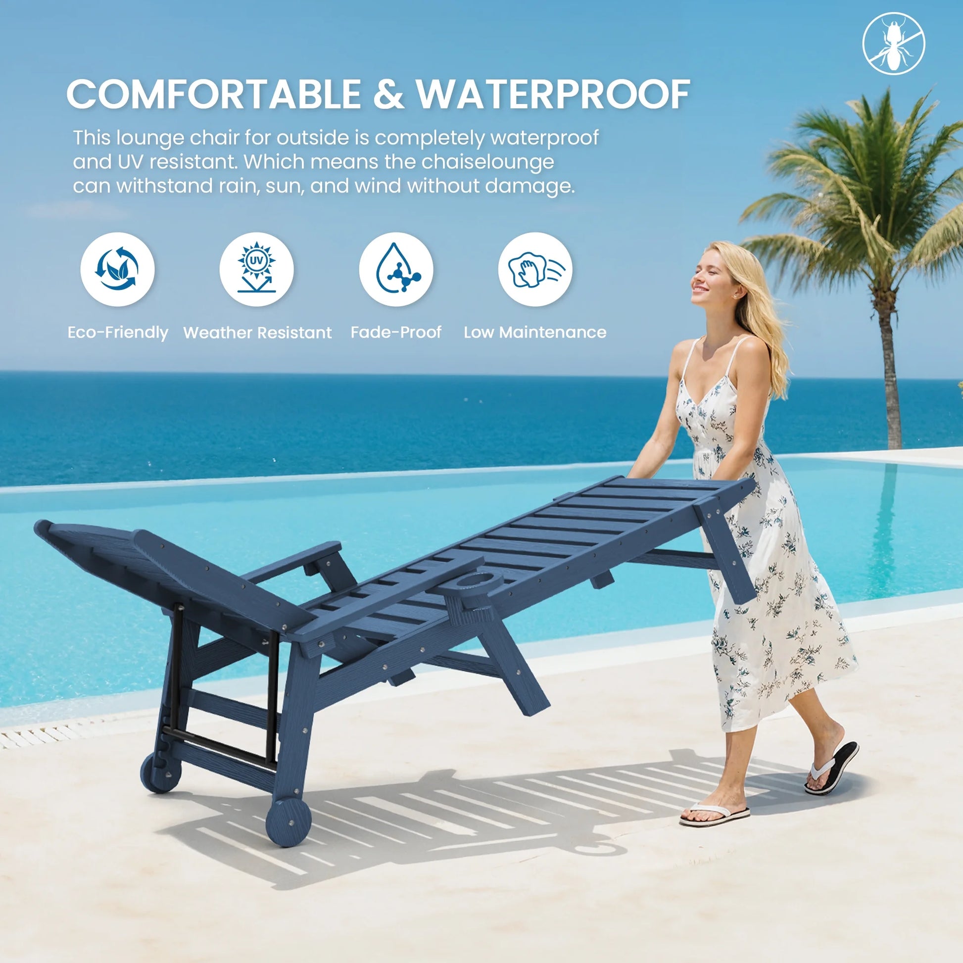 SERWALL Patio Chaise Lounge Chair, 78'' HDPE Outdoor Lounge Chair 5 Positions Pool Lounger Navy Blue