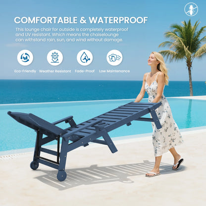 SERWALL Patio Chaise Lounge Chair, 78'' HDPE Outdoor Lounge Chair 5 Positions Pool Lounger Navy Blue
