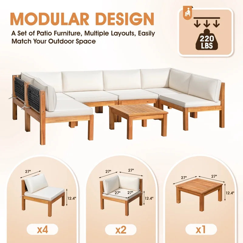 Patio prestige 7 Pieces Acacia Wood Patio Conversation Set Rope Woven Outdoor Sectional Sofa with Table and Cream Cushions
