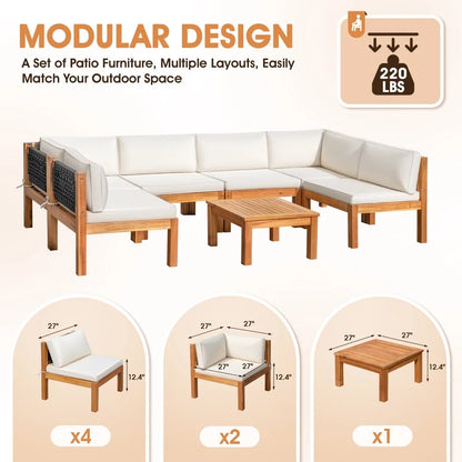 Patio prestige 7 Pieces Acacia Wood Patio Conversation Set Rope Woven Outdoor Sectional Sofa with Table and Cream Cushions
