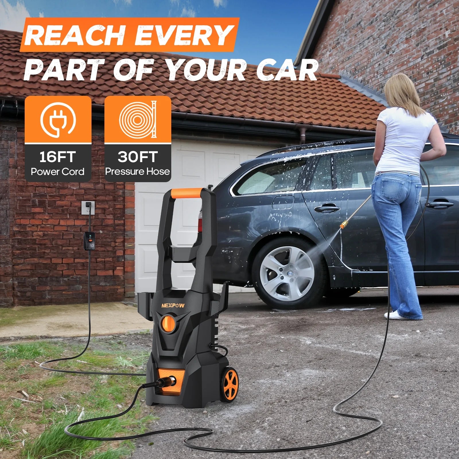 NEXPOW Electric Pressure Washer, 4000PSI Max 2.6 GPM Power Washer with 30 ft Hose, 4 Different Pressure Tips, Foam Cannon, Perfect for Cars, Patios