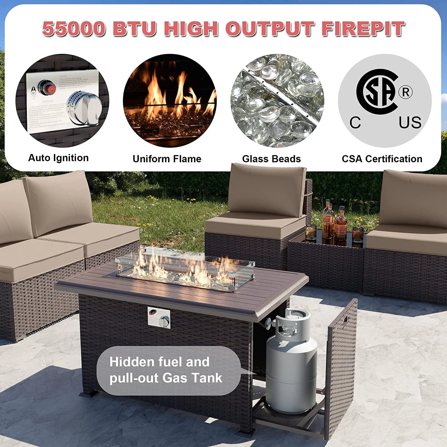 Kullavik Patio Furniture set Sectional Sofa 10 Pieces PE Rattan Wicker Patio Conversation Set w/43" Gas Fire Pit Table, Outdoor Furniture with 55000 BTU Propane Fire Pit,Sand