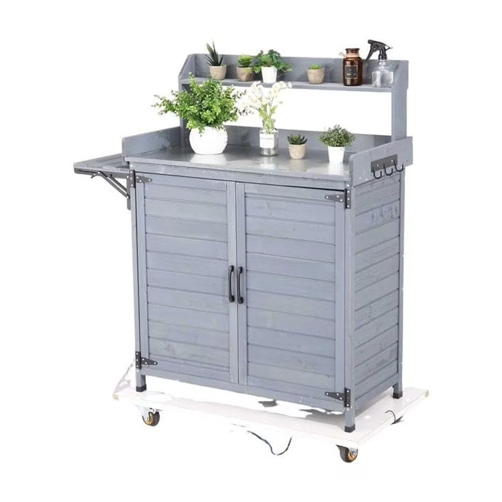 Yeshouse Outdoor Potting Bench Table, Wooden Gardening Furniture with Metal Tabletop and Storage Cabinet, Horticulture Workstation with Adjustable Shelf for Garden, Patio, Backyard, Greenhouse