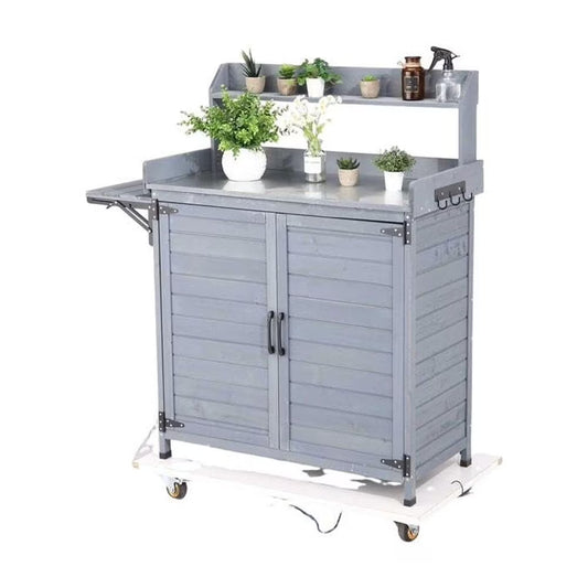 Yeshouse Outdoor Potting Bench Table, Wooden Gardening Furniture with Metal Tabletop and Storage Cabinet, Horticulture Workstation with Adjustable Shelf for Garden, Patio, Backyard, Greenhouse