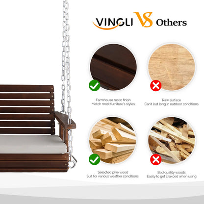 VINGLI Rustic Patio Swing, 5 FT, Adults, Wooden Frame, Porch Swing with Cushions, Chains, Rustic
