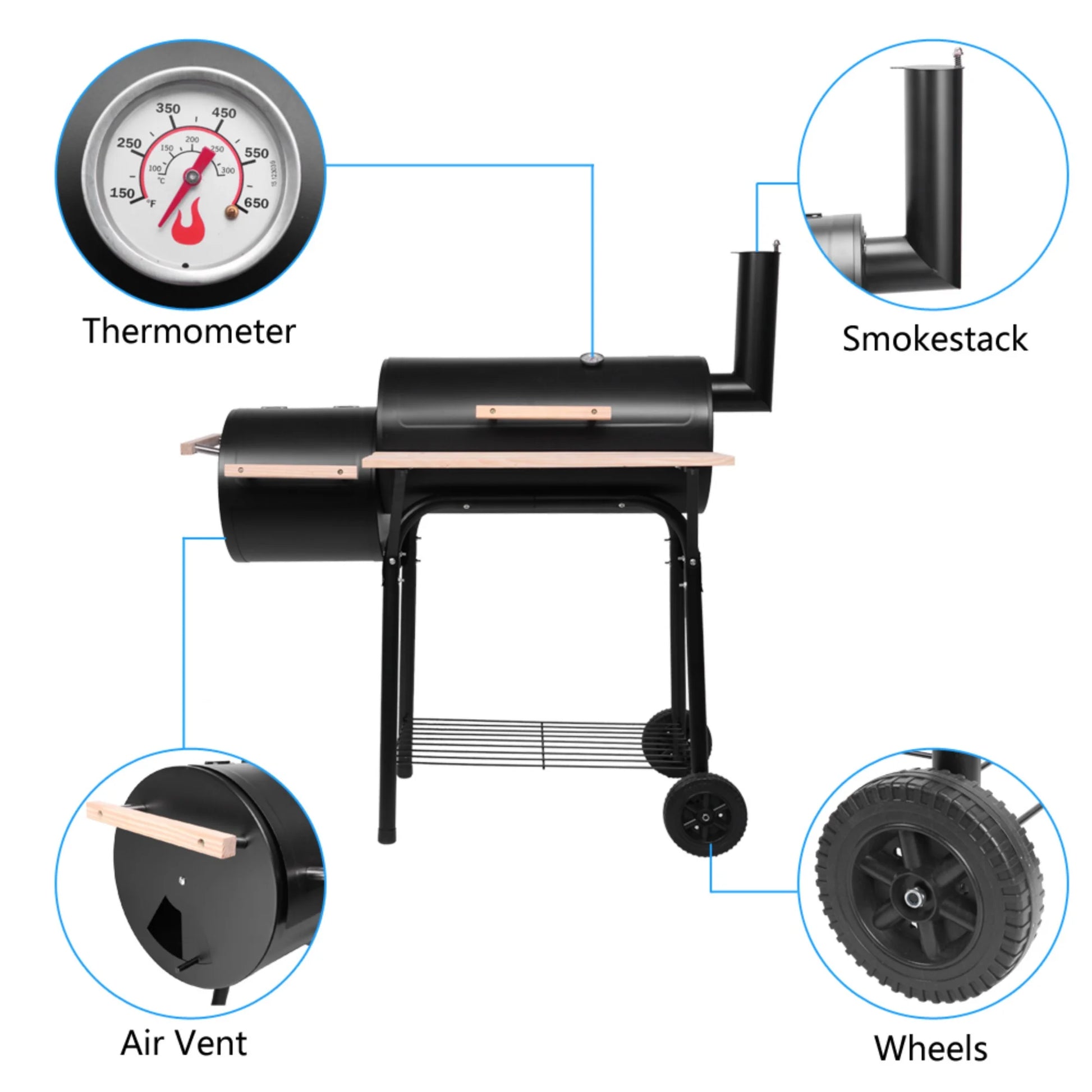 Barrel Charcoal Grill with Offset Smoker, BBQ Grill with Side Table and Wheels for Outdoor Camping, Garden, Patio and Backyard Barbecue Cooking, Black
