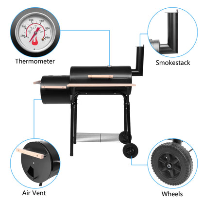 Barrel Charcoal Grill with Offset Smoker, BBQ Grill with Side Table and Wheels for Outdoor Camping, Garden, Patio and Backyard Barbecue Cooking, Black
