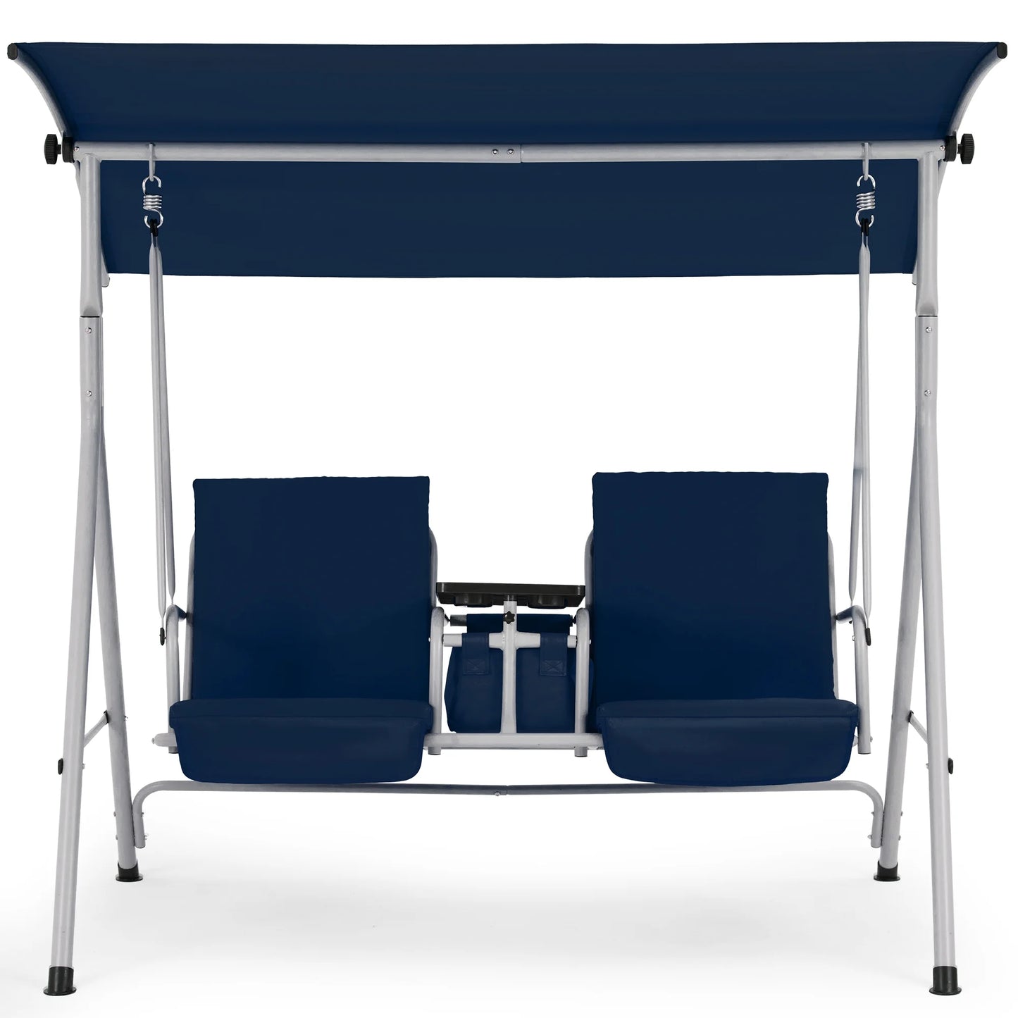 HOMREST Patio Swing with Adjustable CanopyHeavy Duty 650 LBS Outdoor Swing with Pivot Storage Table & 4 Cup Holders & Cushions for Yard, Lawn, Backyard, Navy Blue