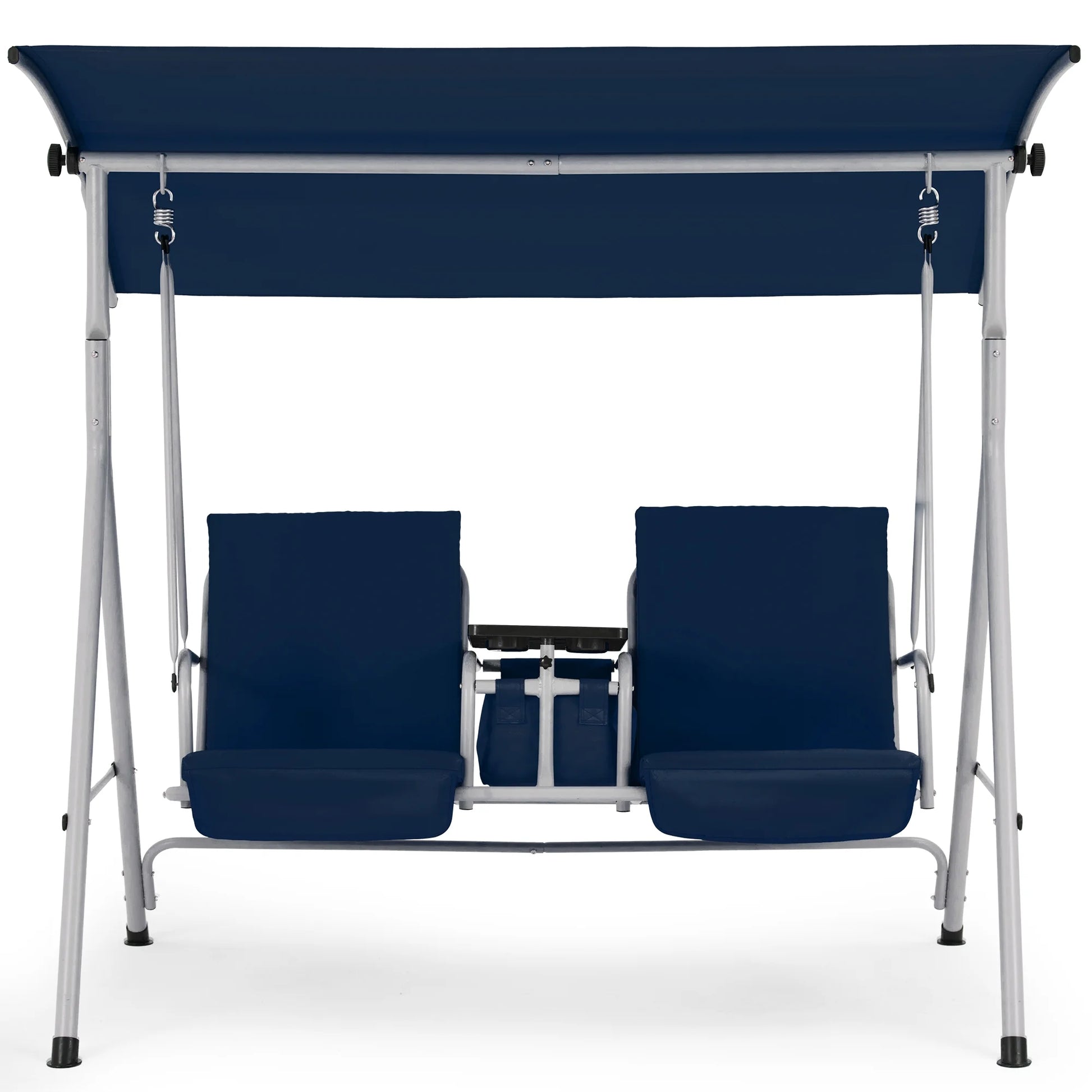 HOMREST Patio Swing with Adjustable CanopyHeavy Duty 650 LBS Outdoor Swing with Pivot Storage Table & 4 Cup Holders & Cushions for Yard, Lawn, Backyard, Navy Blue