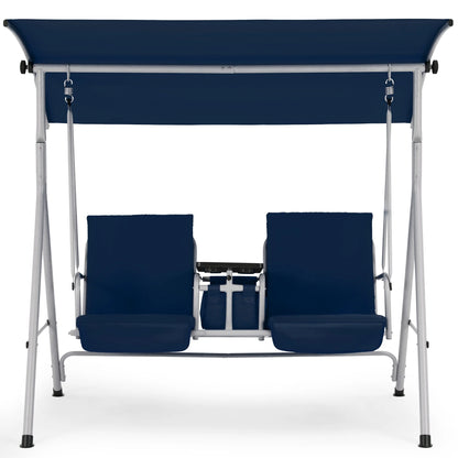 HOMREST Patio Swing with Adjustable CanopyHeavy Duty 650 LBS Outdoor Swing with Pivot Storage Table & 4 Cup Holders & Cushions for Yard, Lawn, Backyard, Navy Blue
