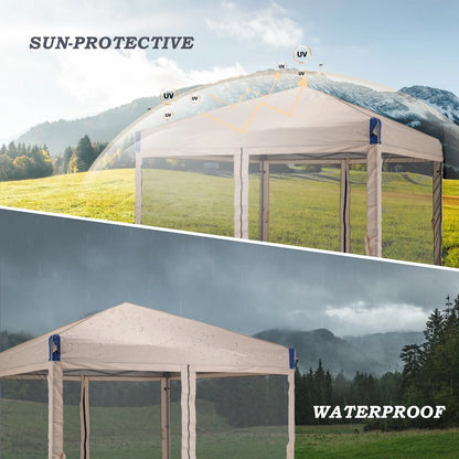 YUONAO 10x10 ft Pop Up Canopy Tent with Mesh Sidewalls, Portable Outdoor Shade Tent, Waterproof UV-Resistant Folding Gazebo for Backyard, Patio, Camping, Party(Beige)
