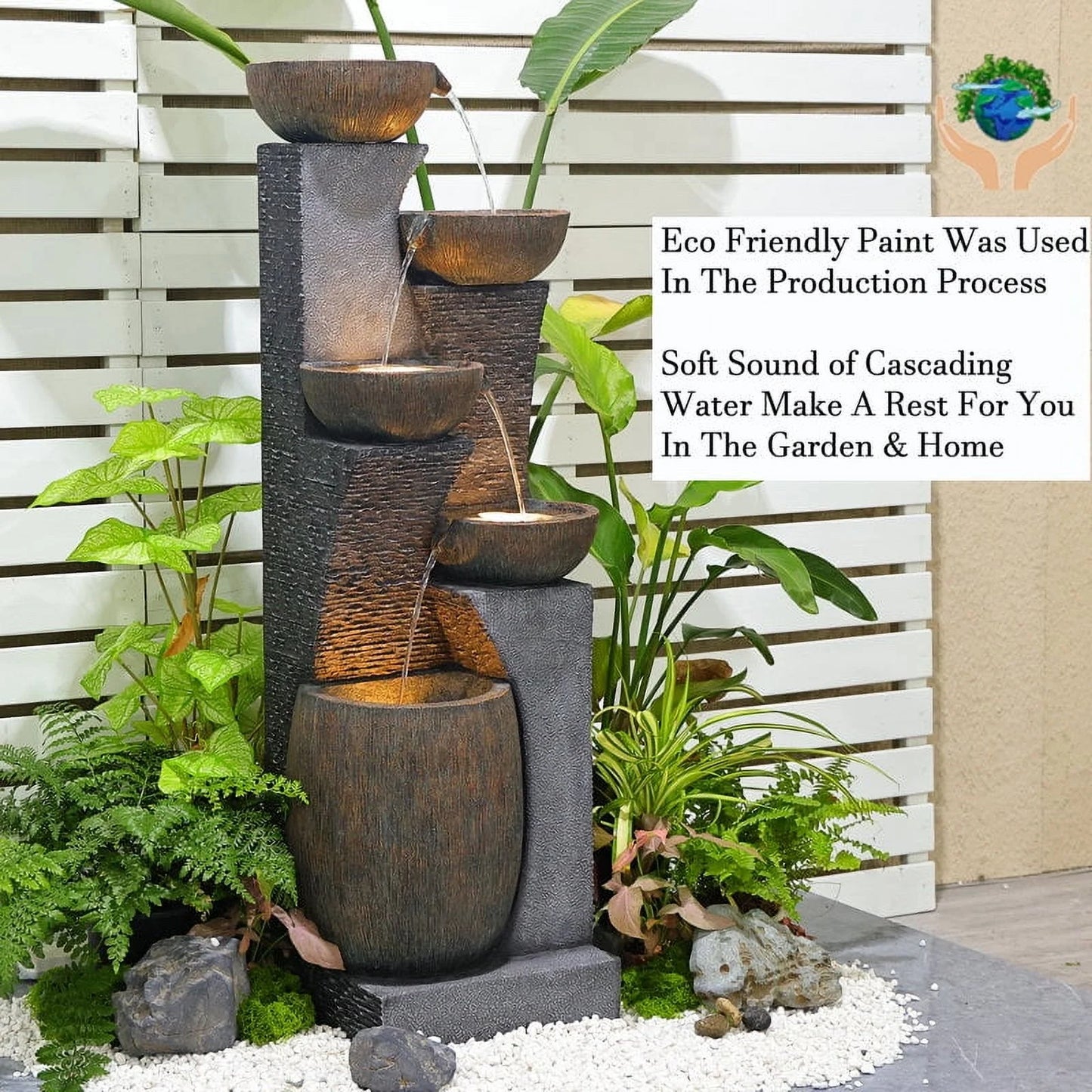 5 Tiers Modern Cascading Large Outdoor Fountain with Lights Water Fountain for Garden, Patio, Backyard, Deck, Porch and Home Art Decor